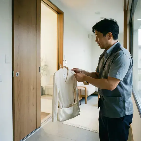 玄関先で品物を受け渡す様子