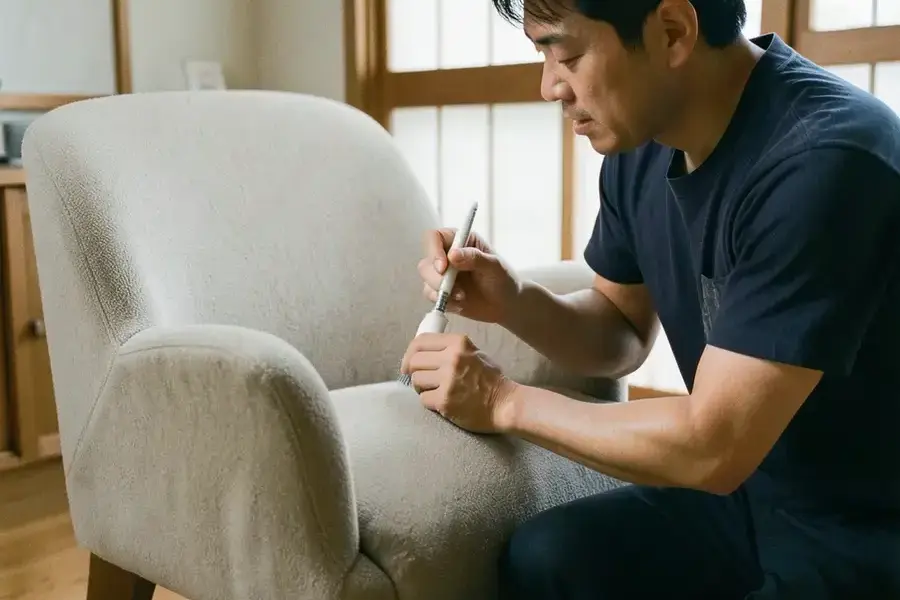 職人がソファを洗っている